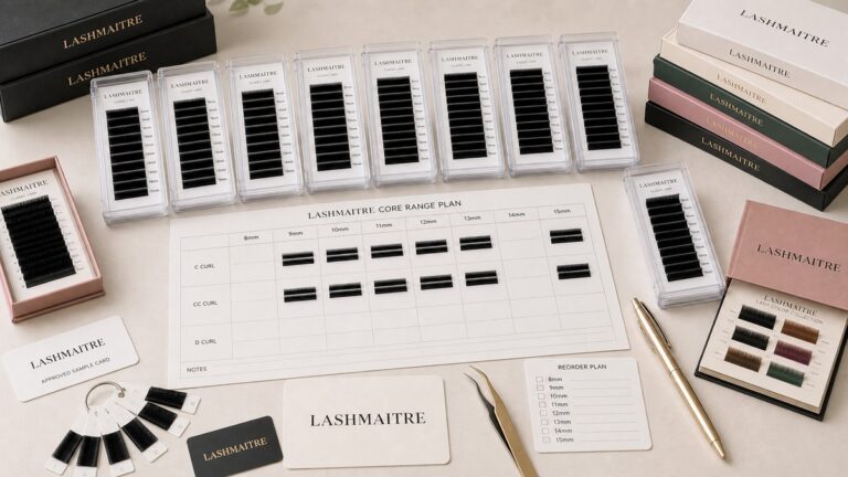 classic lash core range planning - LASHMAITRE branded classic lash tray range board with curls thicknesses lengths and reorder files