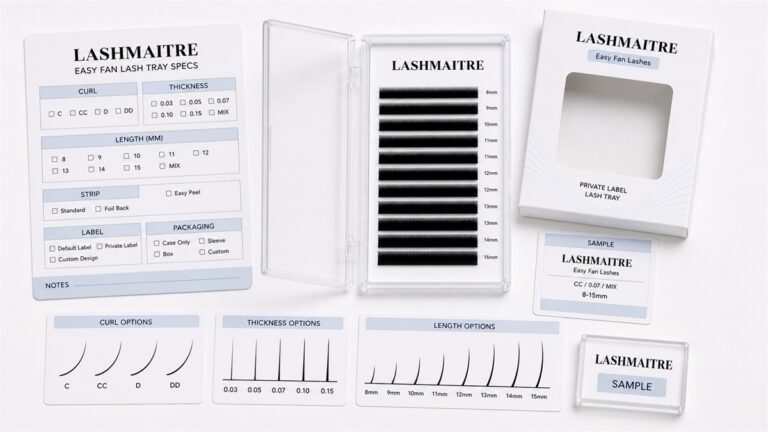 LASHMAITRE easy fan lash tray specs board with curl thickness length strip label and packaging fields