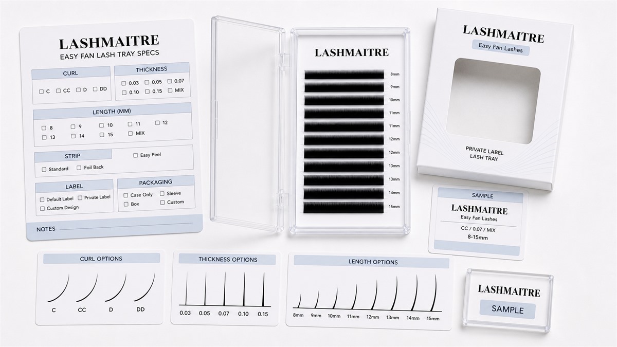 LASHMAITRE easy fan lash tray specs board with curl thickness length strip label and packaging fields