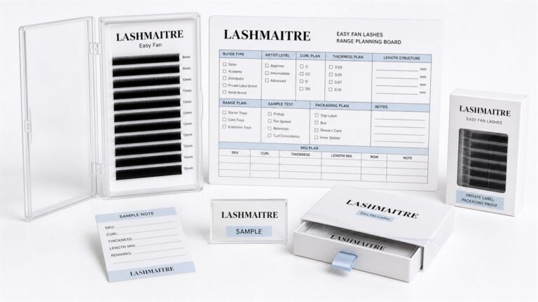 easy fan lashes range planning - LASHMAITRE easy fan lashes wholesale range planning board with branded trays sample notes and SKU fields