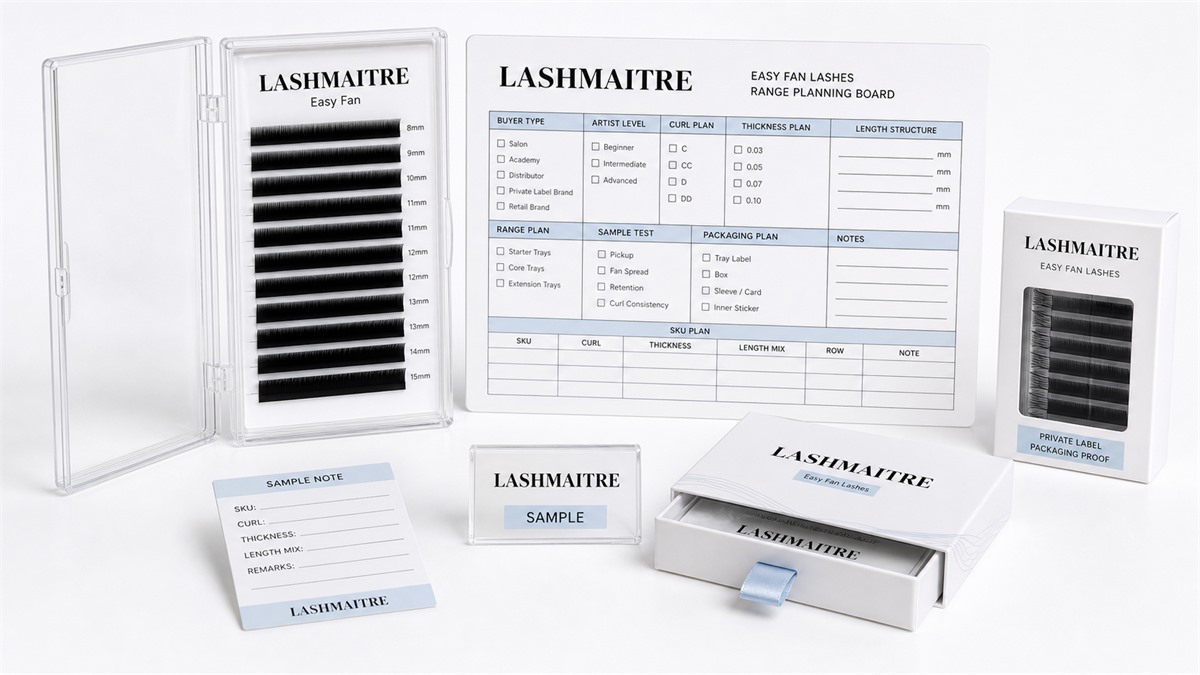 easy fan lashes range planning - LASHMAITRE easy fan lashes wholesale range planning board with branded trays sample notes and SKU fields