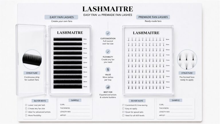 easy fan vs premade fan lashes - LASHMAITRE easy fan vs premade fan lashes comparison board with branded trays and buyer notes