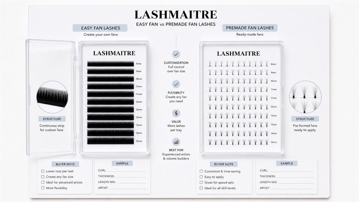 easy fan vs premade fan lashes - LASHMAITRE easy fan vs premade fan lashes comparison board with branded trays and buyer notes