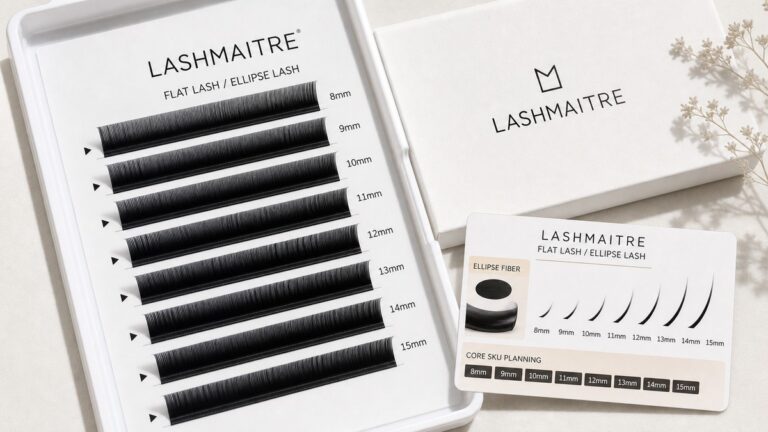 flat lash product line planning - LASHMAITRE flat ellipse lash tray and product line planning board with branded packaging and buyer notes