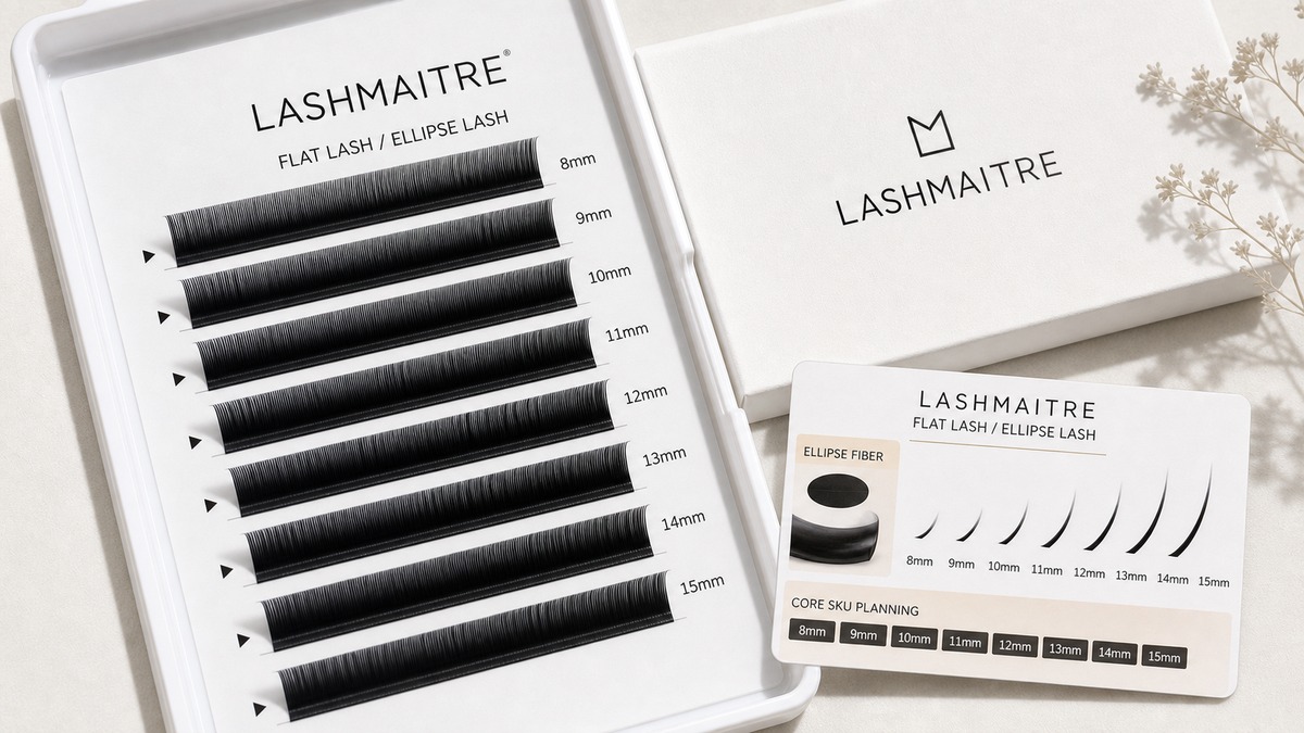 flat lash product line planning - LASHMAITRE flat ellipse lash tray and product line planning board with branded packaging and buyer notes