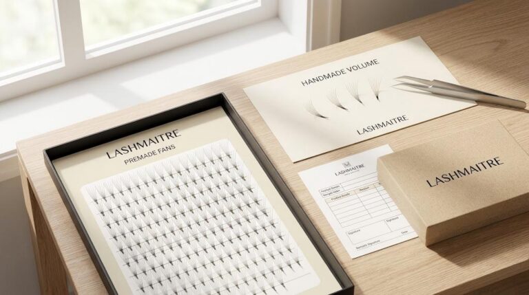 premade fans lashes vs handmade - LASHMAITRE premade fan tray beside handmade volume reference card and buyer sample record