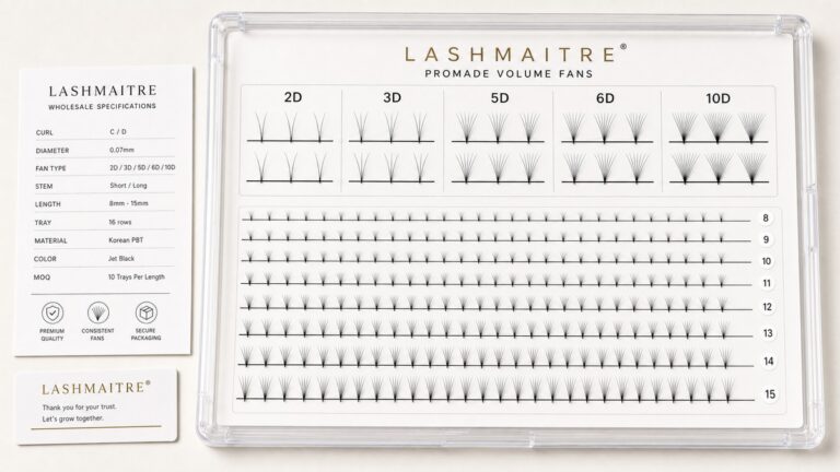 LASHMAITRE premade fans wholesale tray specs board with correct D-count fan samples and 8 to 15 length rows