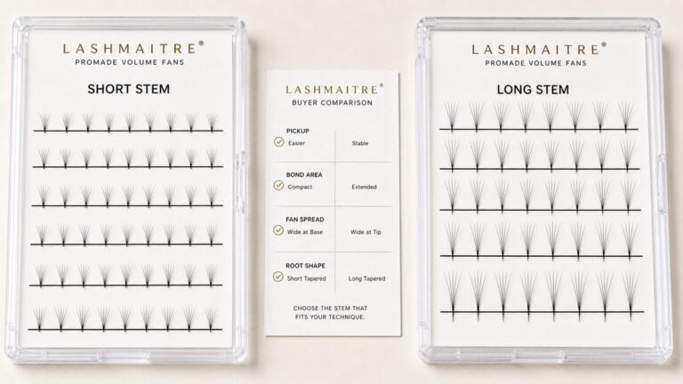 LASHMAITRE short stem vs long stem premade fans comparison trays with buyer comparison card