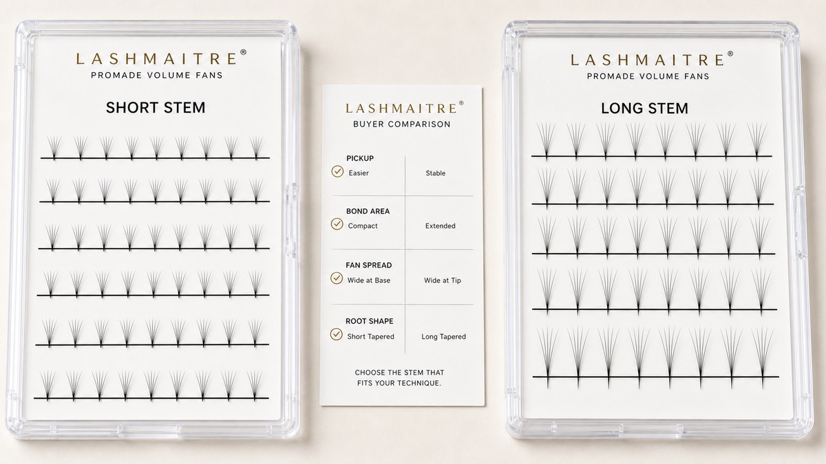 LASHMAITRE short stem vs long stem premade fans comparison trays with buyer comparison card