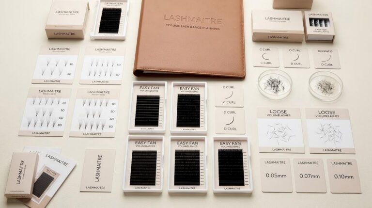 LASHMAITRE volume lash range planning board with branded tray cards and sample notes