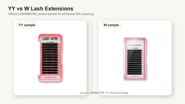 yy vs w lash extensions - LASHMAITRE official YY and W product tray photos for wholesale SKU planning