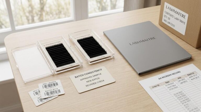 LASHMAITRE approved sample and reorder batch lash trays arranged for wholesale batch consistency checking