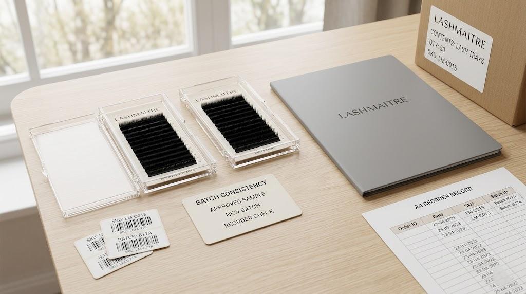 LASHMAITRE approved sample and reorder batch lash trays arranged for wholesale batch consistency checking