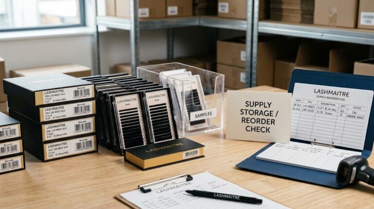 LASHMAITRE lash extension supply storage desk with tray boxes labels and reorder records