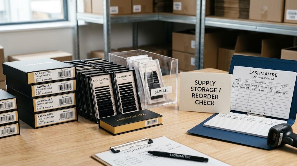 LASHMAITRE lash extension supply storage desk with tray boxes labels and reorder records