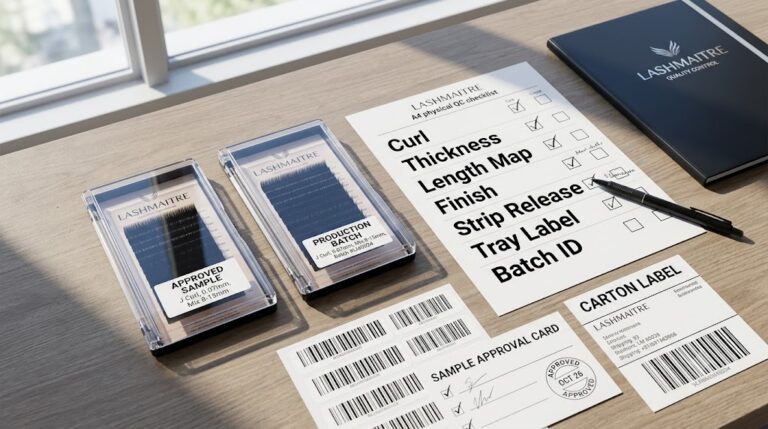 LASHMAITRE lash QC checklist comparing approved sample and production batch