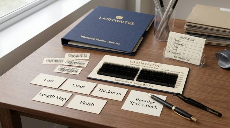 LASHMAITRE lash reorder specification checklist with approved sample tray and SKU records
