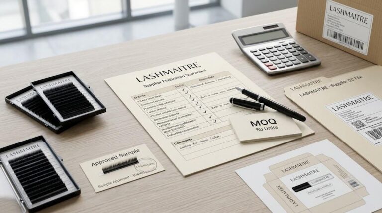 LASHMAITRE lash supplier evaluation scorecard with samples QC file and carton label