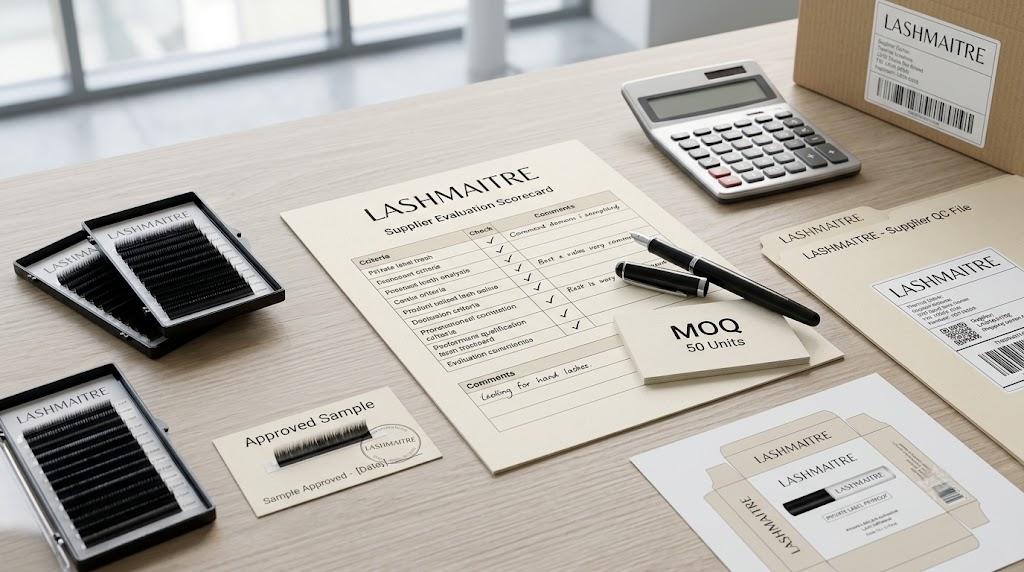 LASHMAITRE lash supplier evaluation scorecard with samples QC file and carton label