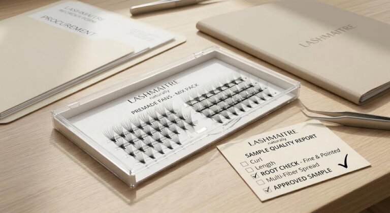 premade fan base quality - LASHMAITRE premade fan sample tray with tapered root shape inspection card