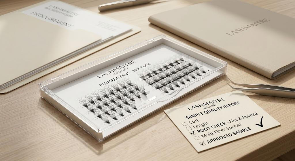 premade fan base quality - LASHMAITRE premade fan sample tray with tapered root shape inspection card