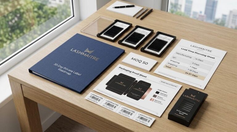 LASHMAITRE private label lash line roadmap with MOQ 50 card sample trays and packaging proof