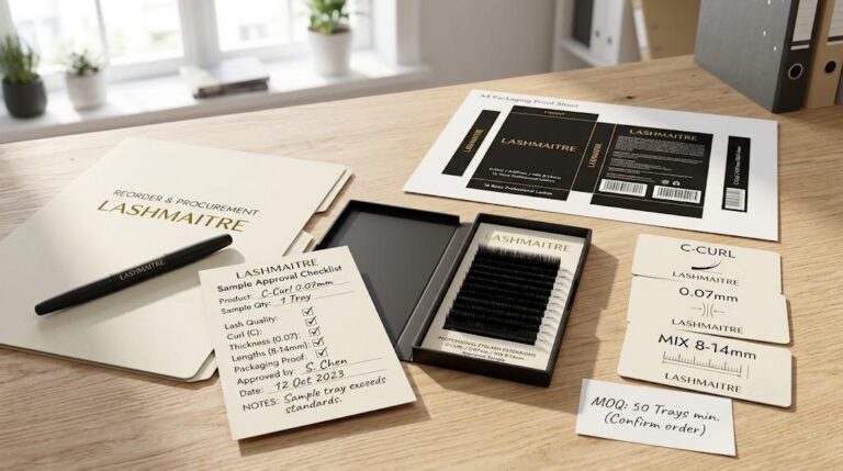 LASHMAITRE sample approval checklist with lash tray specs cards and packaging proof