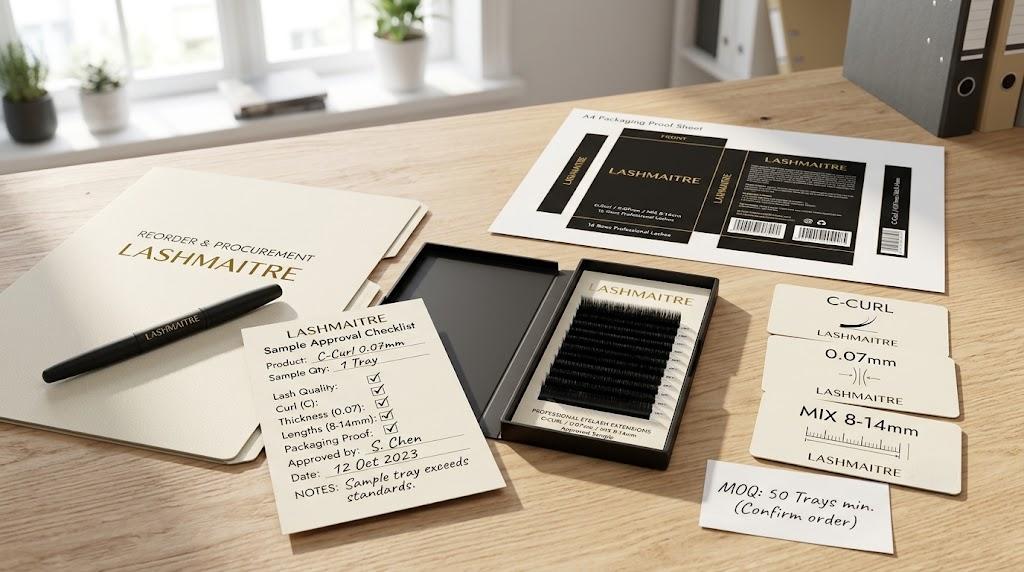 LASHMAITRE sample approval checklist with lash tray specs cards and packaging proof