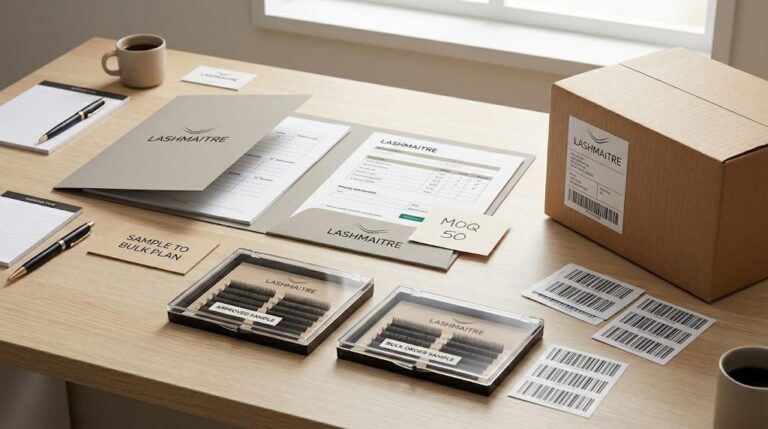 LASHMAITRE sample to bulk lash order plan with approved sample trays MOQ note carton label and barcode records
