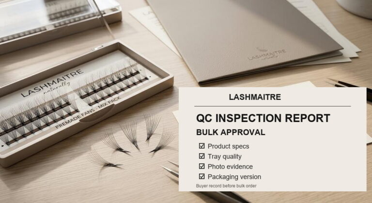 wholesale lash QC inspection report - LASHMAITRE inspection report desk with lash tray sample record batch label and approval card