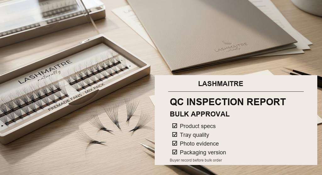 wholesale lash QC inspection report - LASHMAITRE inspection report desk with lash tray sample record batch label and approval card