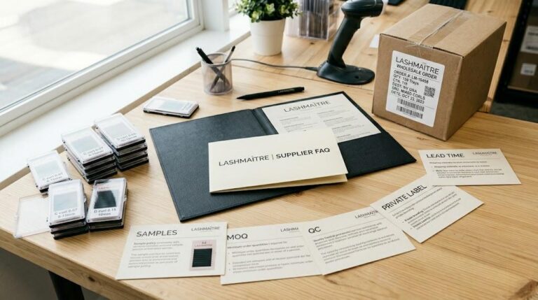 LASHMAITRE wholesale lash supplier FAQ desk with samples MOQ QC private label and lead time cards