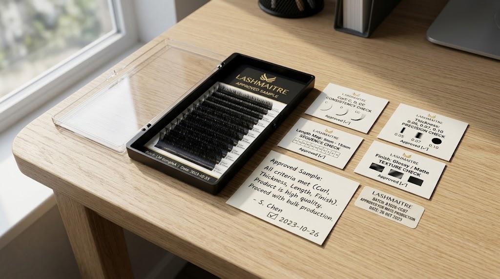 Approved lash sample with curl length precision and finish check cards