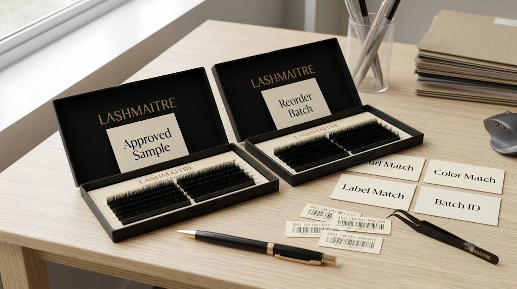 LASHMAITRE lash reorder specification checklist comparing approved sample and reorder batch