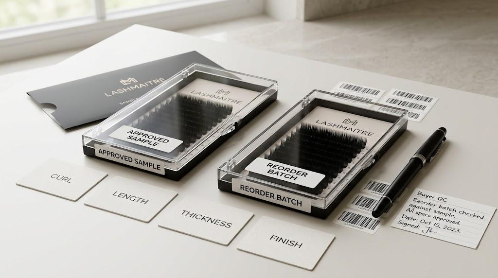 LASHMAITRE approved sample and reorder batch lash trays compared by curl length thickness and finish