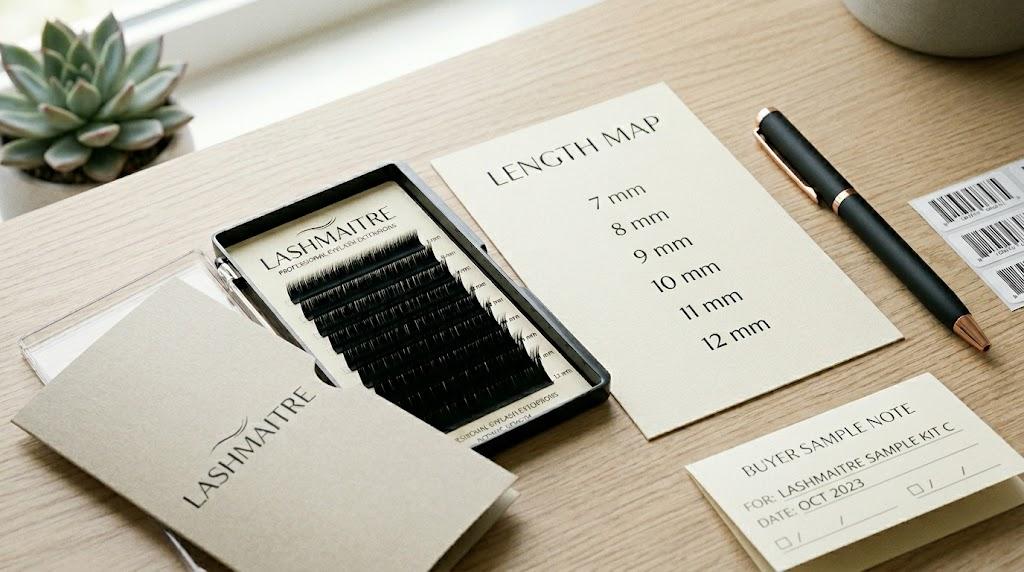 LASHMAITRE cat eye lash length map card with branded tray and buyer sample note