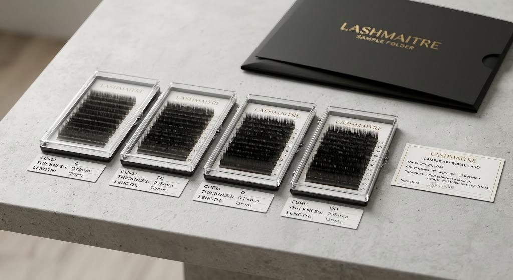 lash extension curl guide - LASHMAITRE controlled curl sample comparison with matching thickness and length cards