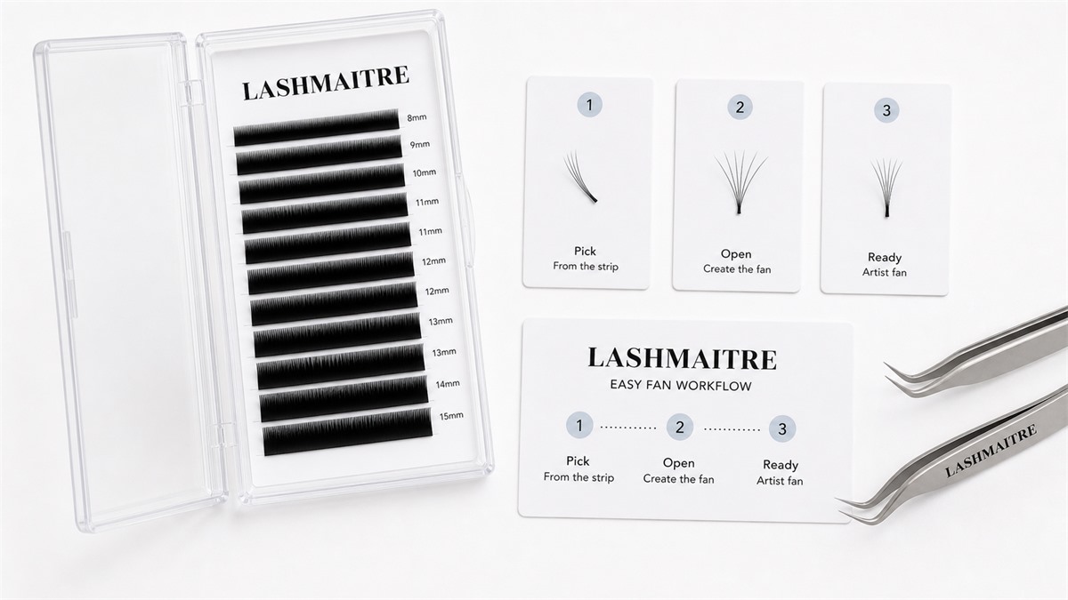easy fan vs premade fan lashes - LASHMAITRE easy fan creation workflow showing a dense lash strip tray and pickup fan examples