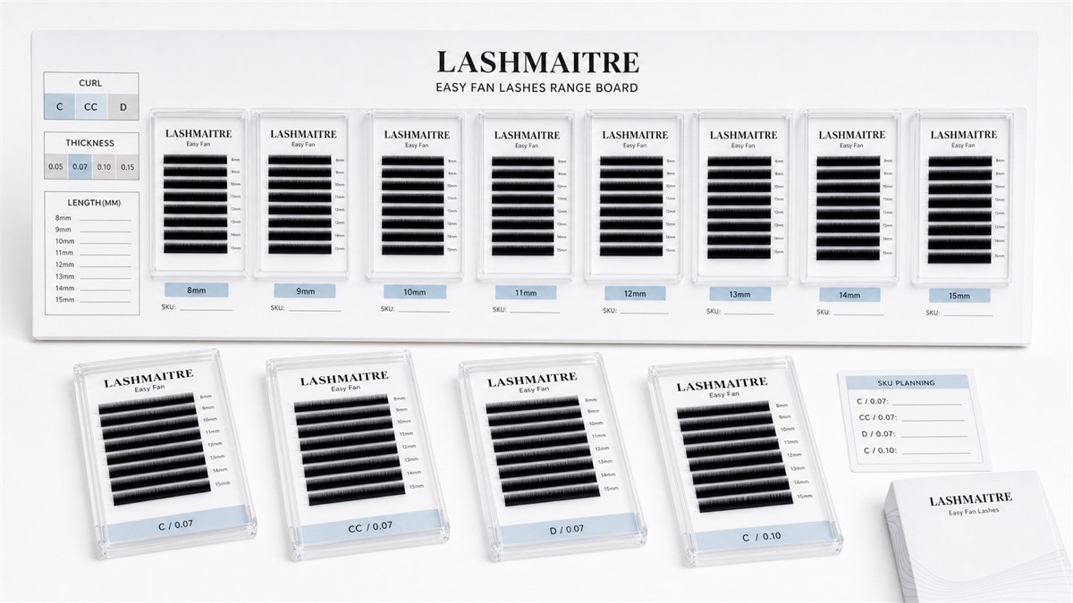 easy fan lashes range planning - LASHMAITRE easy fan product range board with dense lash strip rows length markers and branded tray cards