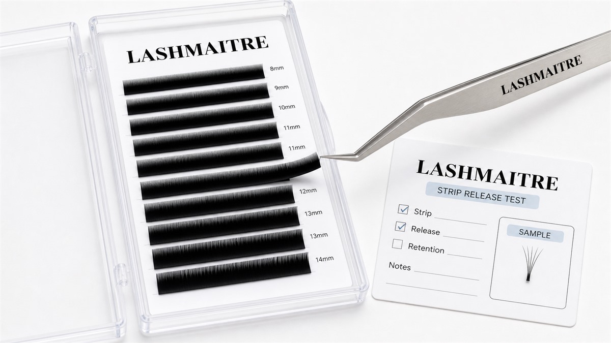 LASHMAITRE easy fan strip release test with dense lash strip rows and pickup fan example