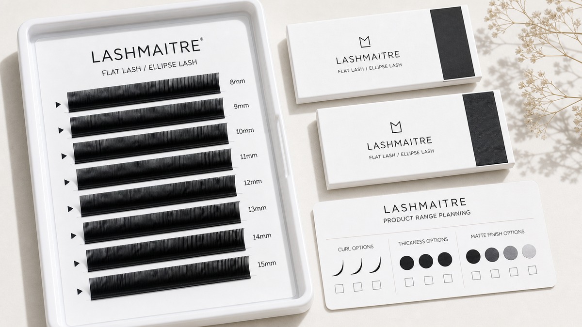 flat lash product line planning - LASHMAITRE flat ellipse range board with dense lash strip rows C CC D curls and 8mm to 15mm length planning