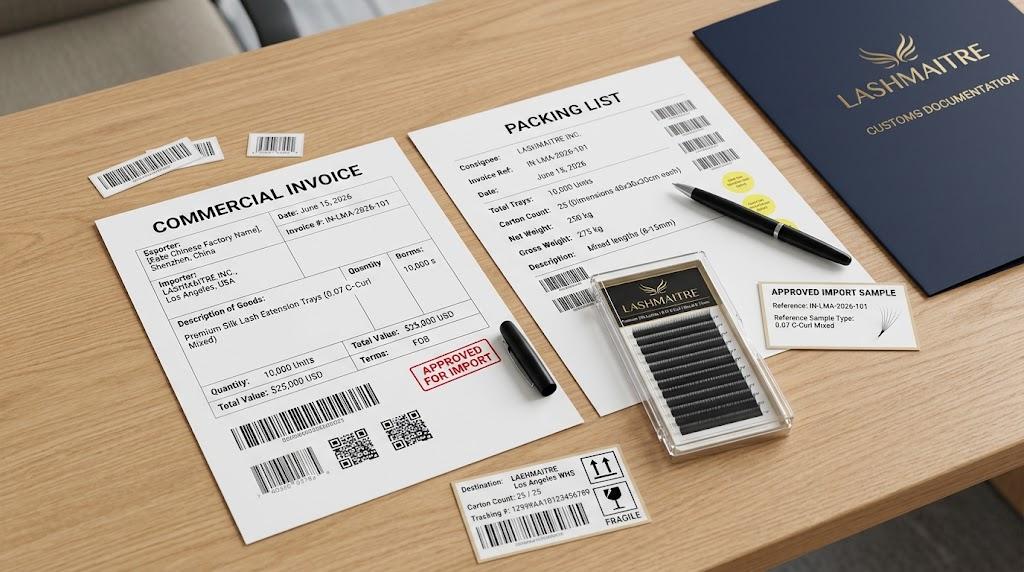 Commercial invoice and packing list for LASHMAITRE wholesale lash extension shipment