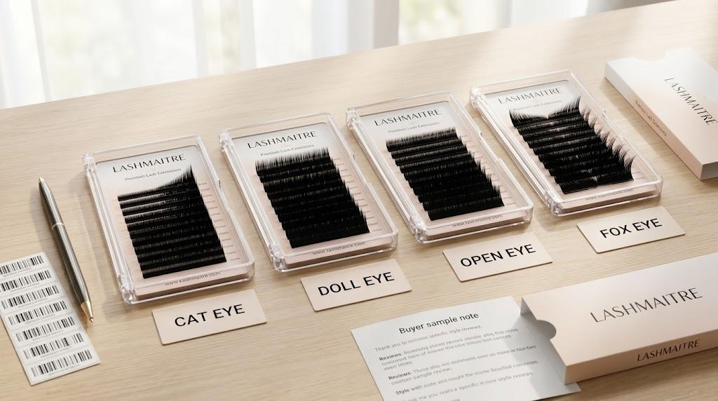 LASHMAITRE lash mapping style comparison tray cards for cat eye doll eye open eye and fox eye samples