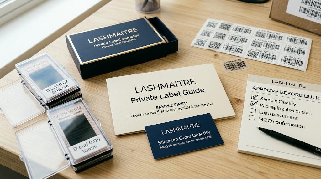 LASHMAITRE sample first and MOQ 50 supplier FAQ scene for wholesale lash buyers