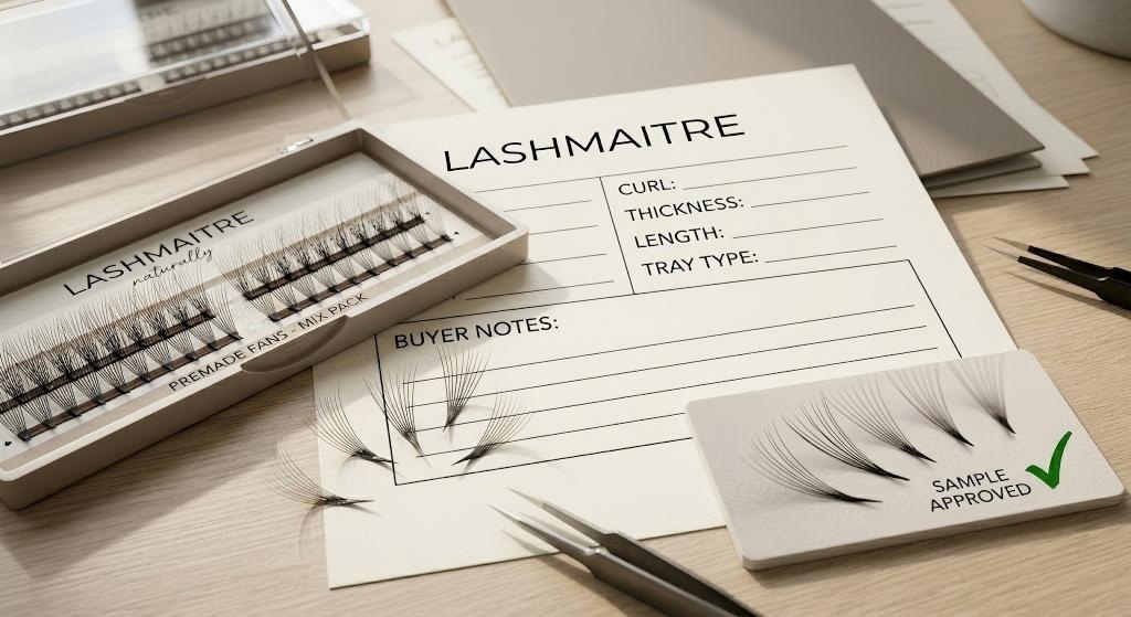 wholesale lash QC inspection report - LASHMAITRE product spec fields for curl thickness length map tray type and buyer notes