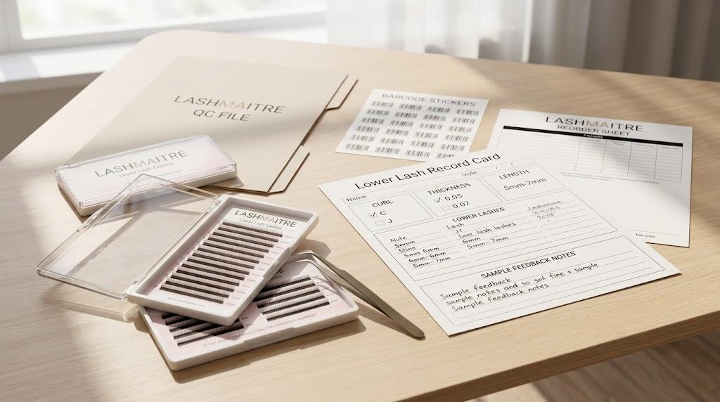 LASHMAITRE bottom lash extensions record card with curl thickness length notes and QC file