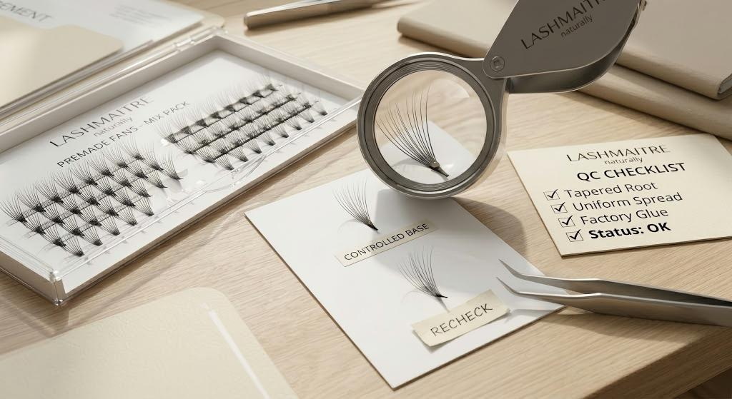 premade fan base quality - LASHMAITRE macro inspection card comparing controlled glue dot and tapered premade fan root