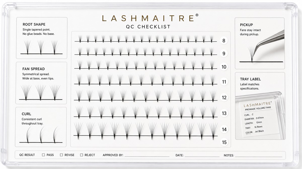 LASHMAITRE premade fan QC checklist board for root shape fan spread curl pickup and tray label checks