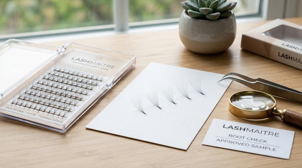 premade fans lashes vs handmade - LASHMAITRE premade fan root quality card with tapered base inspection and tweezers