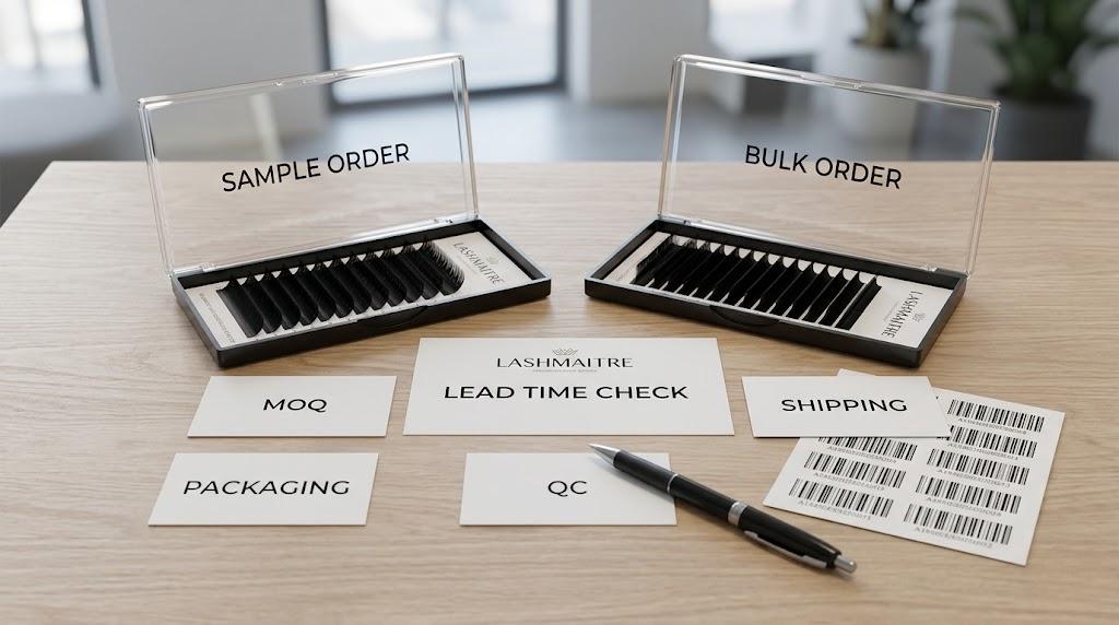 LASHMAITRE sample order and bulk order lead time check with MOQ packaging QC and shipping cards